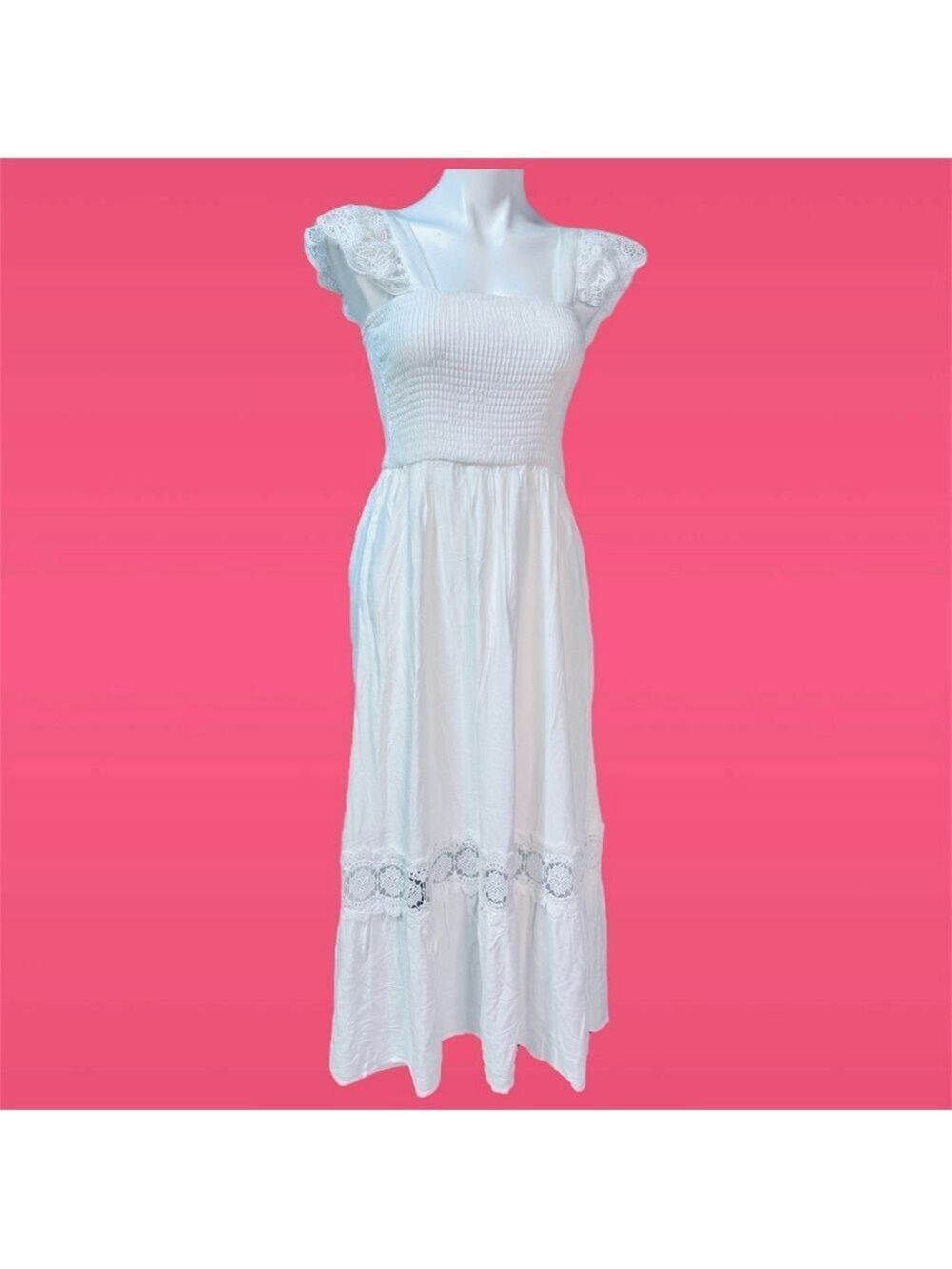 Zesica White Lace Smocked Midi Dress XS
